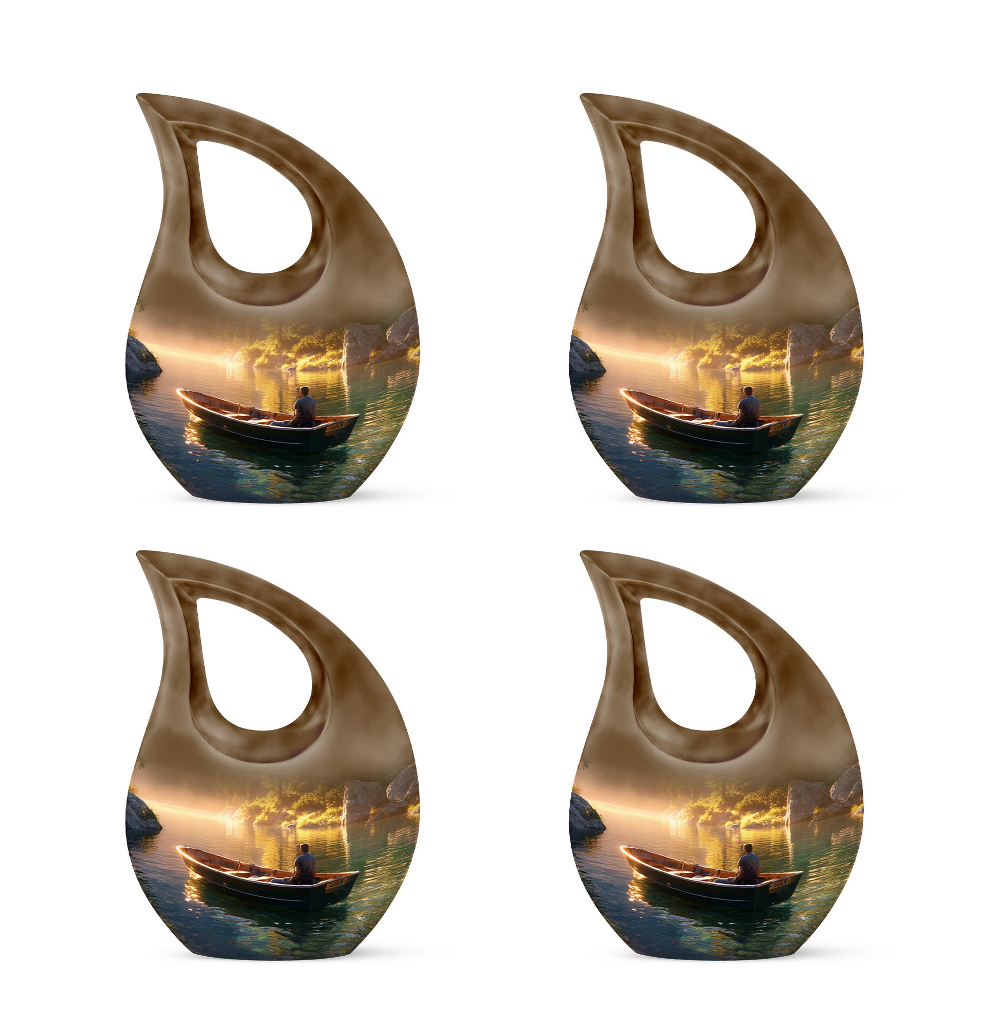 Antique Gold Boat Cremation Urn lifestyle display on memorial shelf - sacred cross merged with boat motif on metal - 10 inch aluminum urn for cremated remains