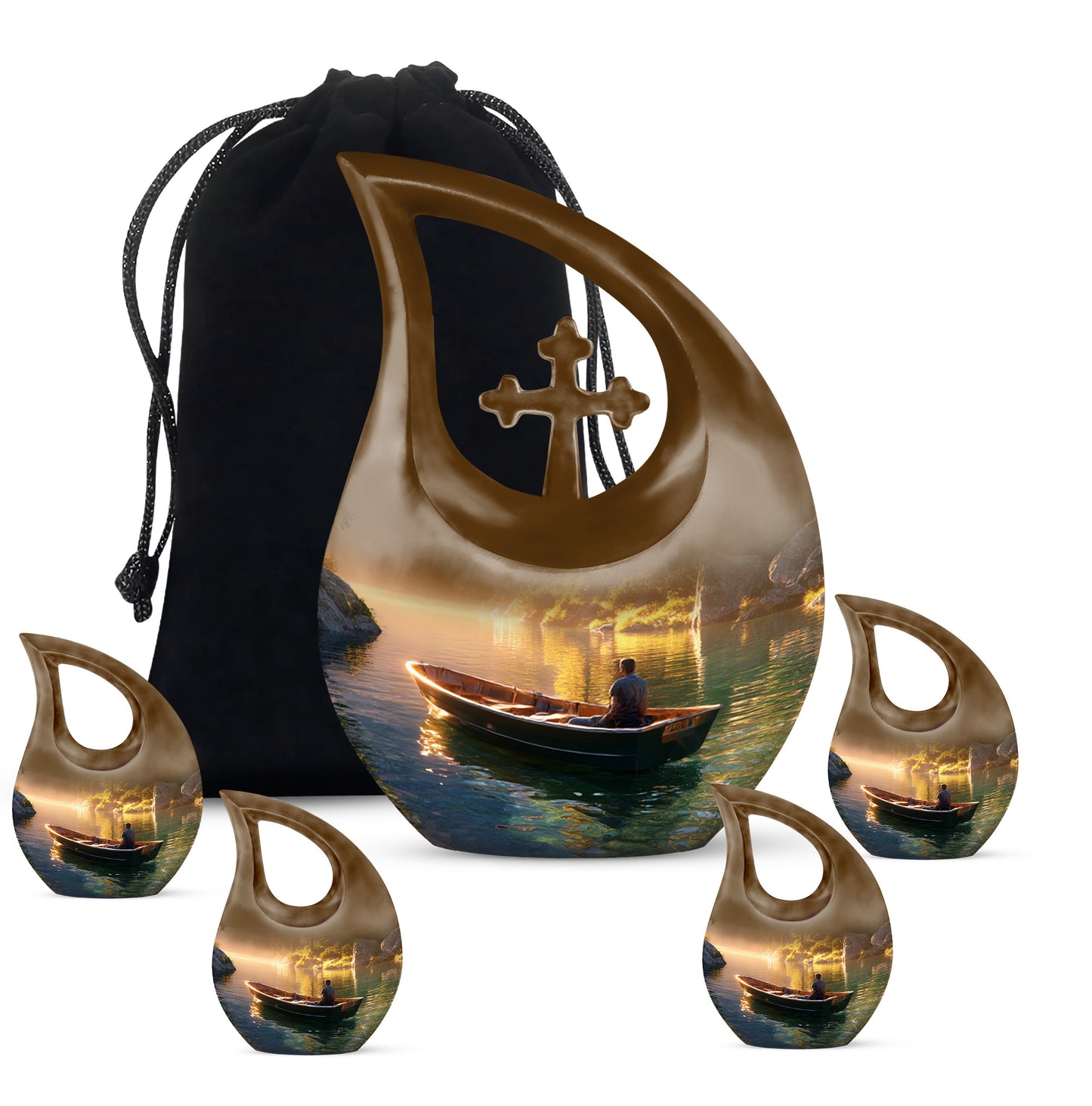 Warm Gold Boat Cremation Urn urn with complimentary velvet bag - devotional cross-drop boat engraving - memorial set with one large and four small urns