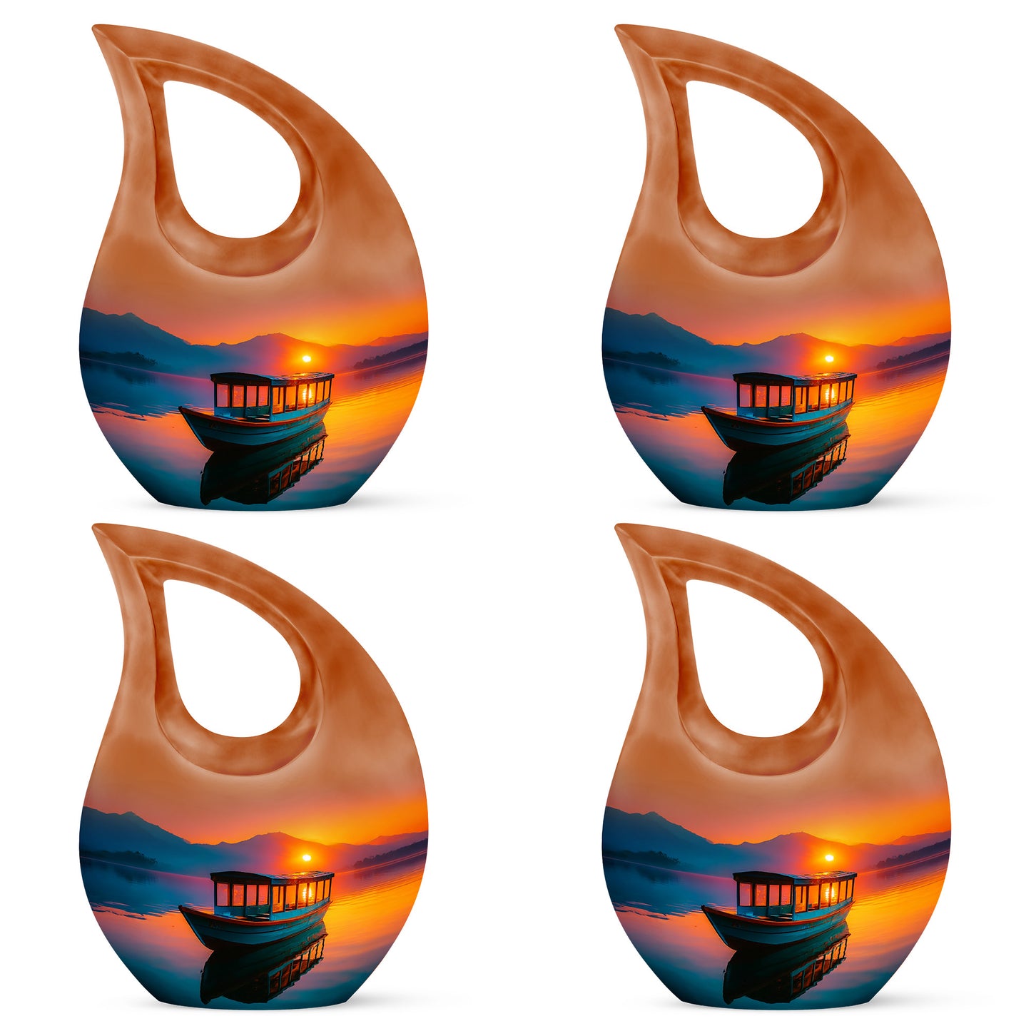 Rich Red Boat Cremation Urn lifestyle display on memorial shelf - faith-inspired cross-drop urn with boat pattern - 10 inch aluminum urn for cremated remains