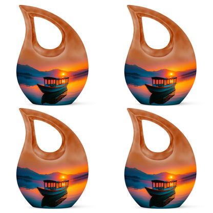 Rich Red Boat Cremation Urn lifestyle display on memorial shelf - faith-inspired cross-drop urn with boat pattern - 10 inch aluminum urn for cremated remains