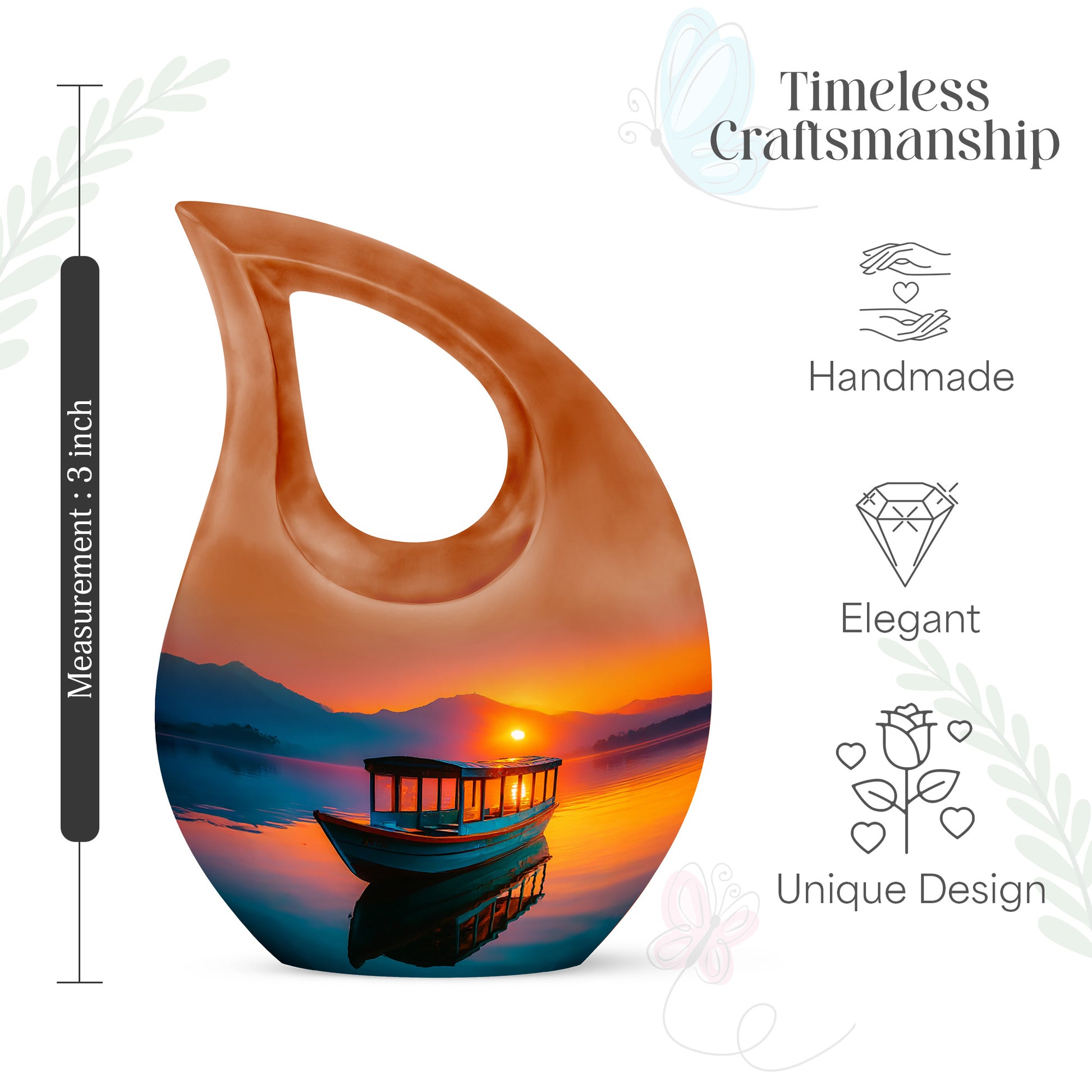 Wine Red Boat Cremation Urn back view with polished surface - sacred cross merged with boat motif on metal - mini keepsake memorial for portion of cremation ashes