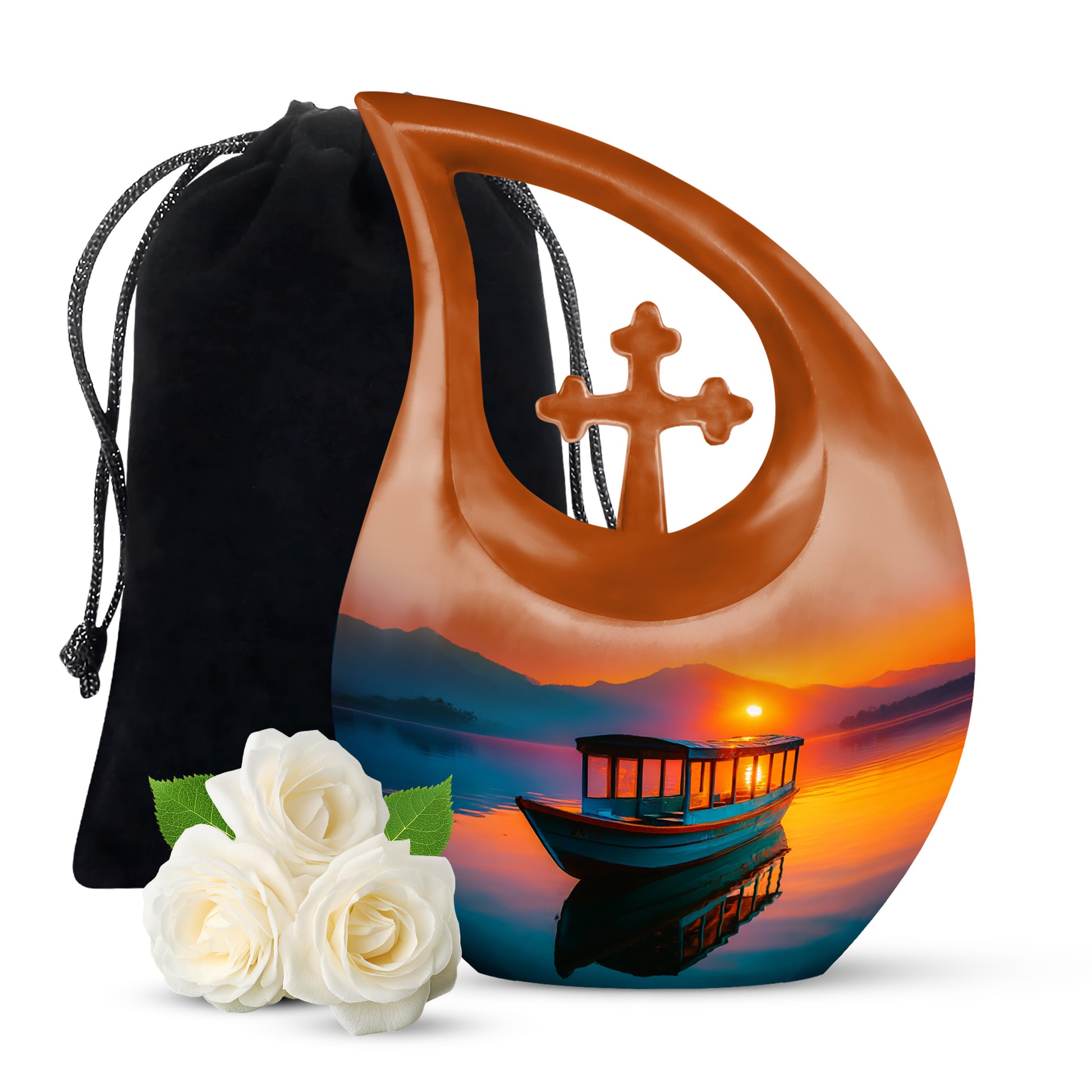 Ruby Red Boat Cremation Urn top-down view of secure threaded lid - devotional cross-drop boat engraving - full-size 10 inch 200 cubic inch adult cremation urn