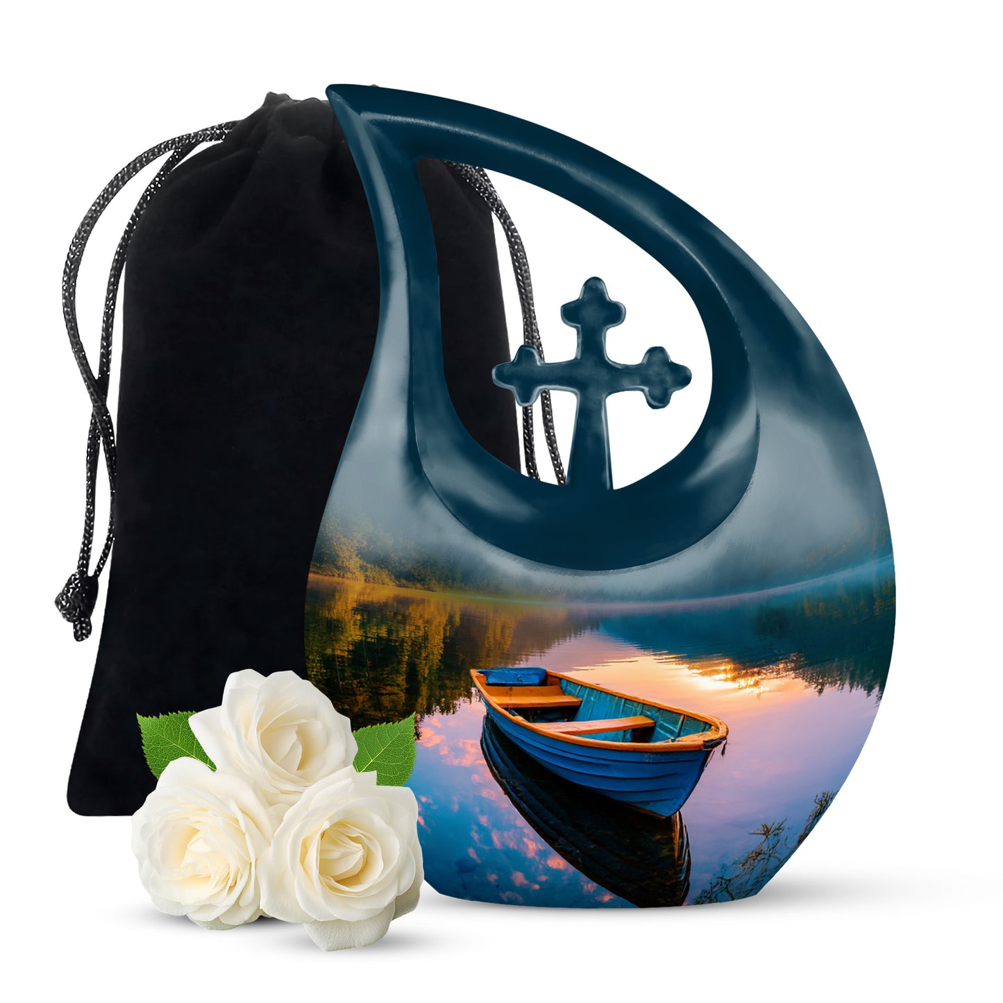 Sea Green Teal Boat Cremation Urn top-down view of secure threaded lid - sacred cross merged with boat motif on metal - full-size 10 inch 200 cubic inch adult cremation urn