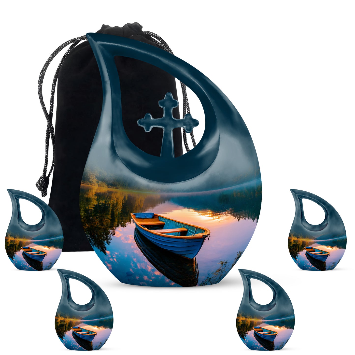 Ocean Teal Boat Cremation Urn urn with complimentary velvet bag - sacred cross merged with boat motif on metal - memorial set with one large and four small urns