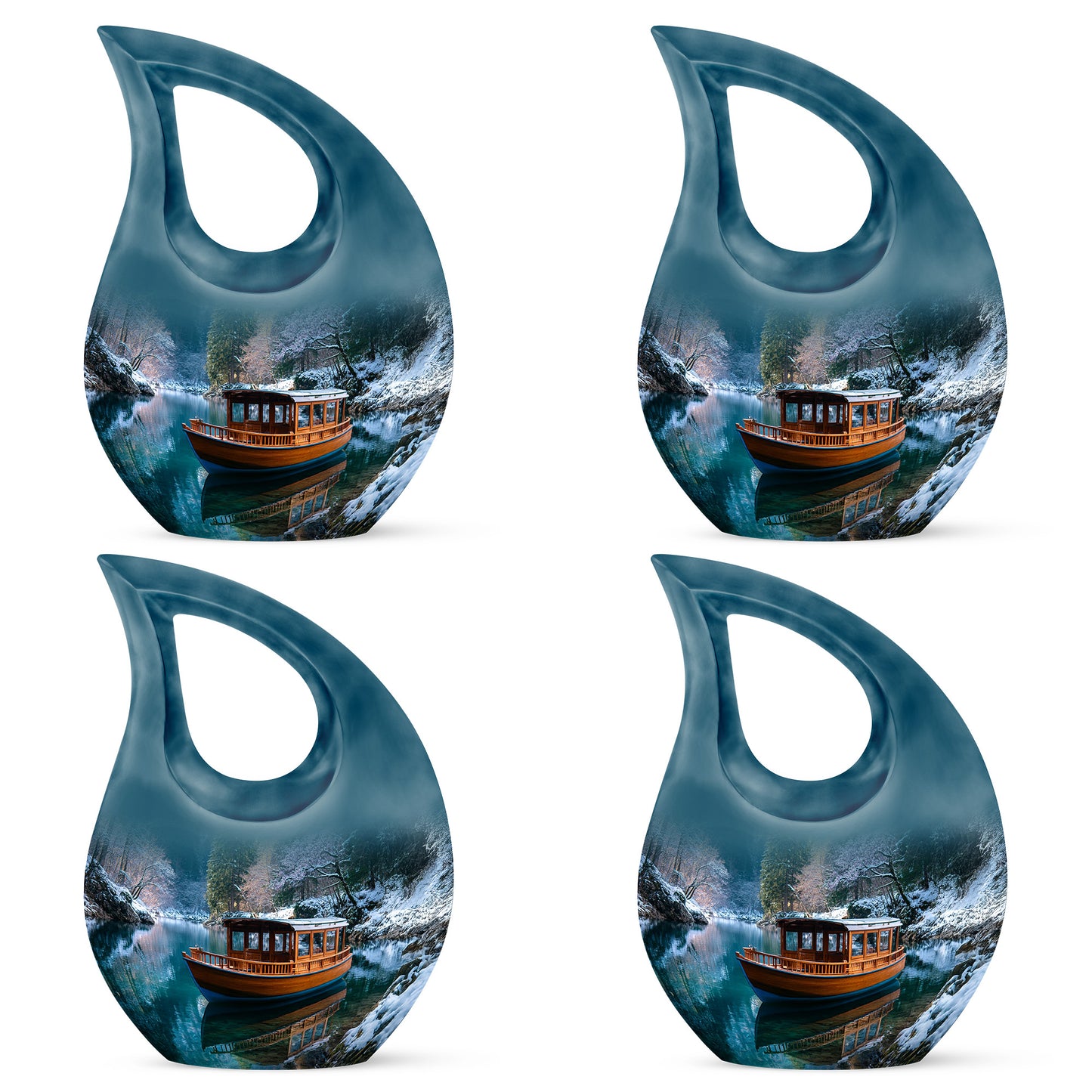 Vivid Blue Boat Cremation Urn lifestyle display on memorial shelf - devotional cross-drop boat engraving - 10 inch aluminum urn for cremated remains