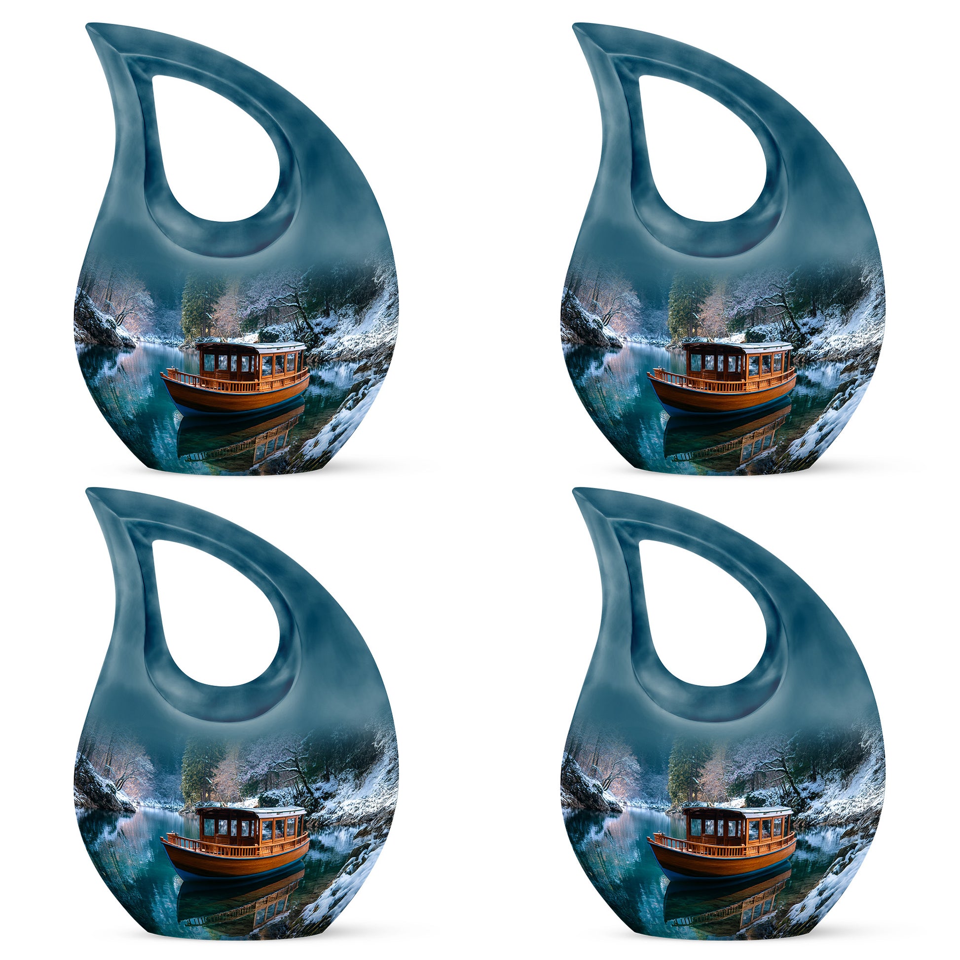 Vivid Blue Boat Cremation Urn lifestyle display on memorial shelf - devotional cross-drop boat engraving - 10 inch aluminum urn for cremated remains