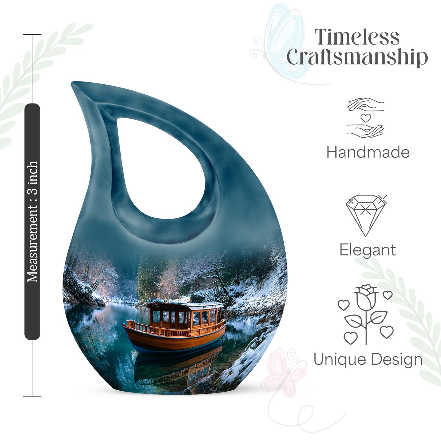 Celestial Blue Boat Cremation Urn back view with polished surface - cross and boat combined in spiritual memorial design - mini keepsake memorial for portion of cremation ashes