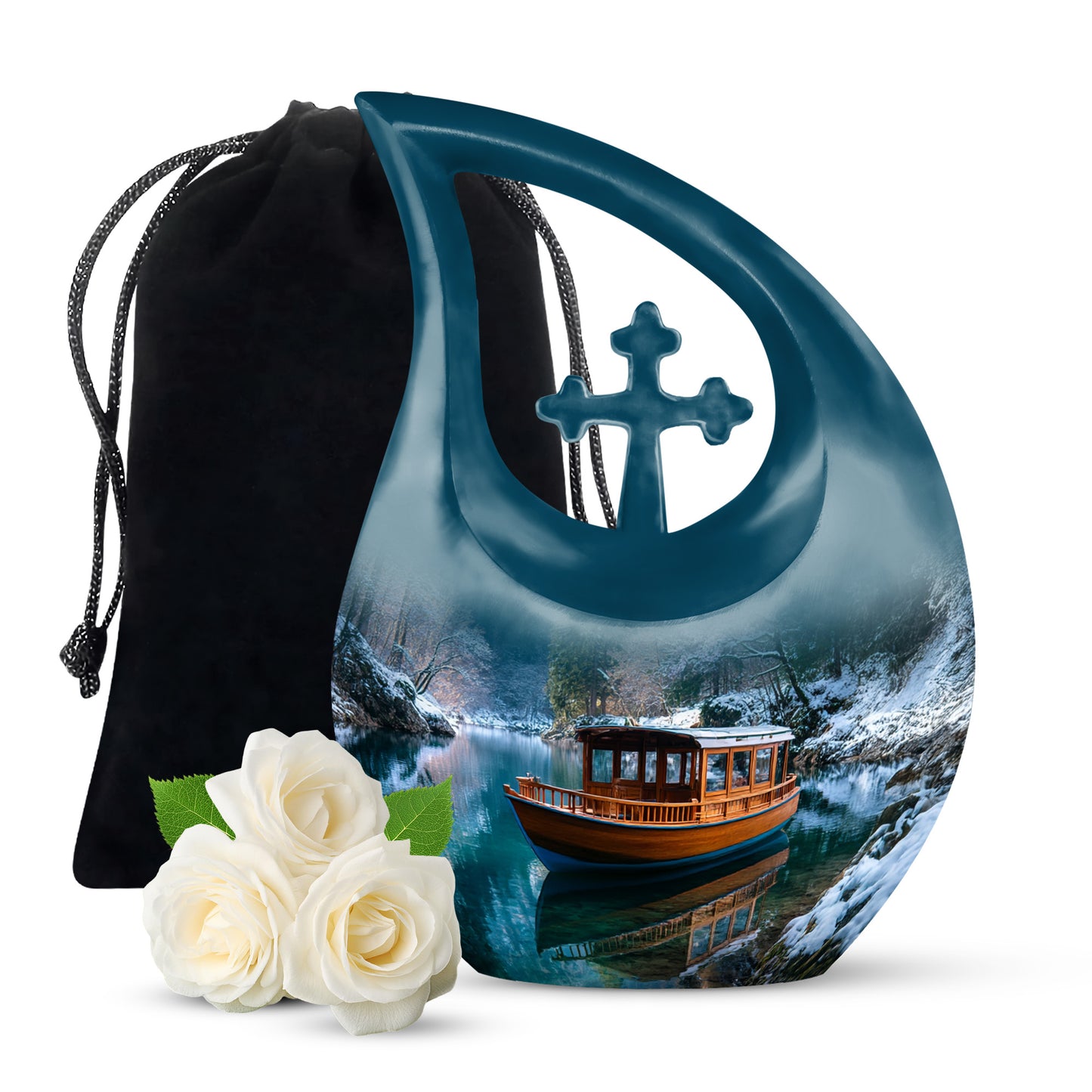Pastel Blue Boat Cremation Urn top-down view of secure threaded lid - cross and boat combined in spiritual memorial design - full-size 10 inch 200 cubic inch adult cremation urn
