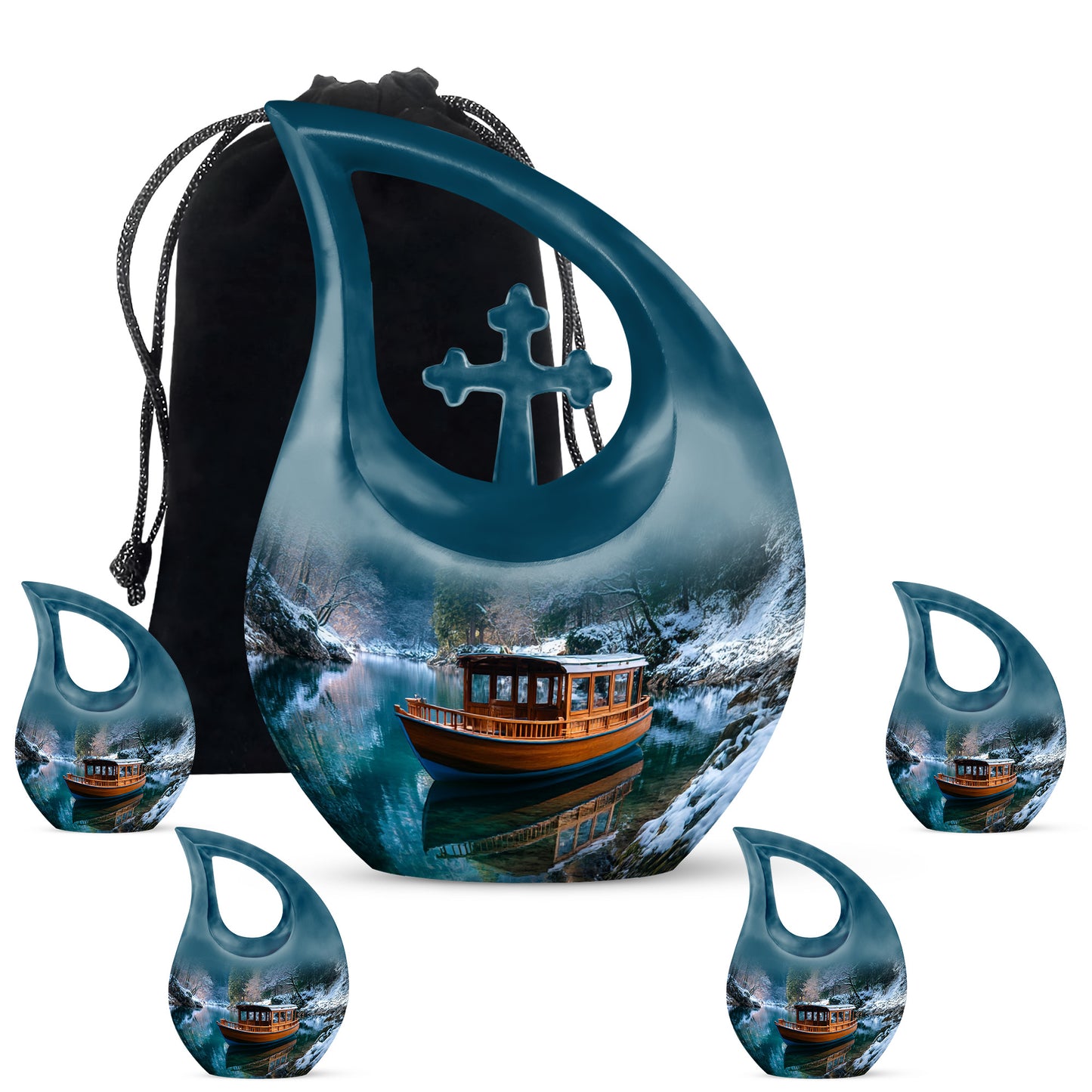 Dusty Blue Boat Cremation Urn urn with complimentary velvet bag - cross and boat combined in spiritual memorial design - memorial set with one large and four small urns