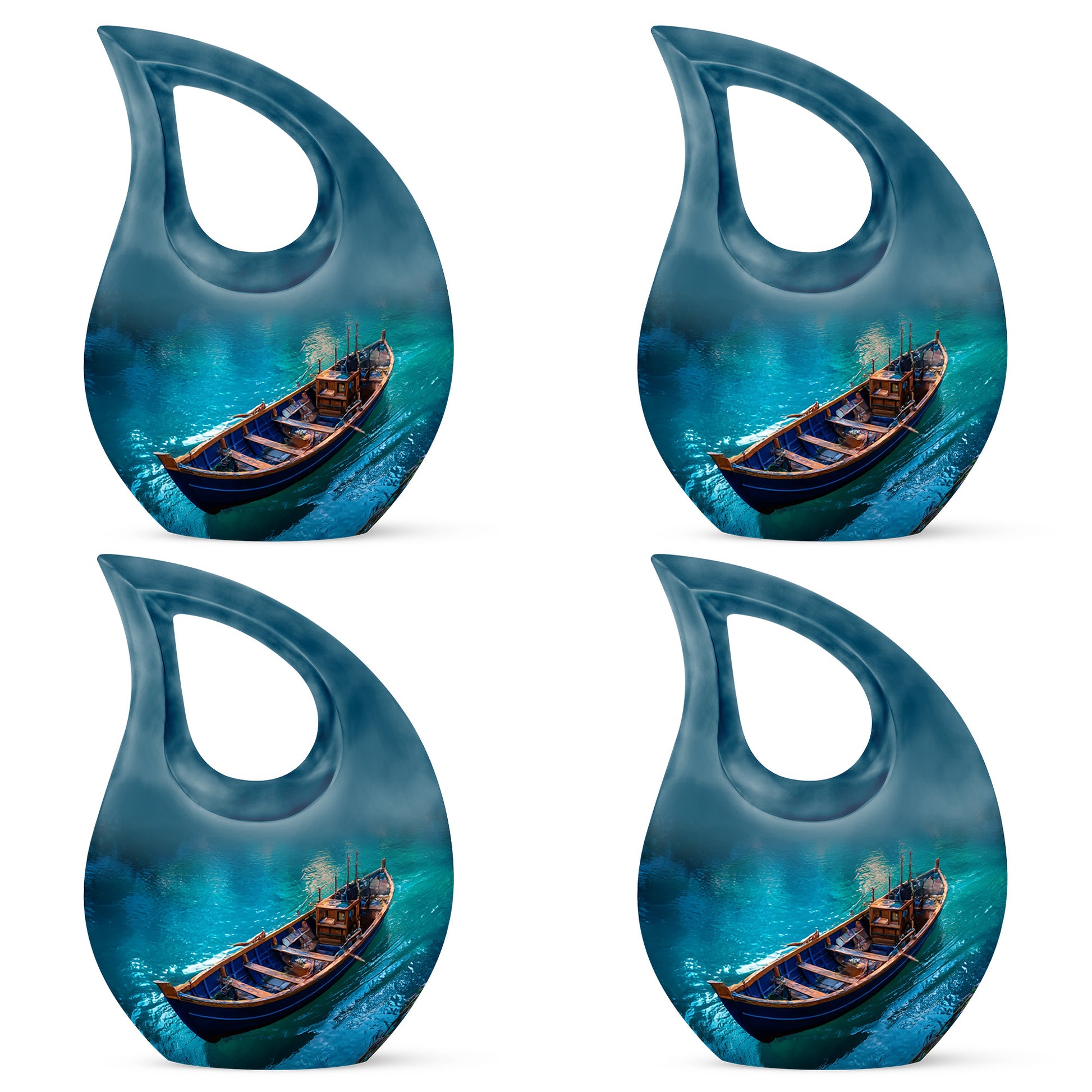 Twilight Blue Boat Cremation Urn lifestyle display on memorial shelf - faith-inspired cross-drop urn with boat pattern - 10 inch aluminum urn for cremated remains