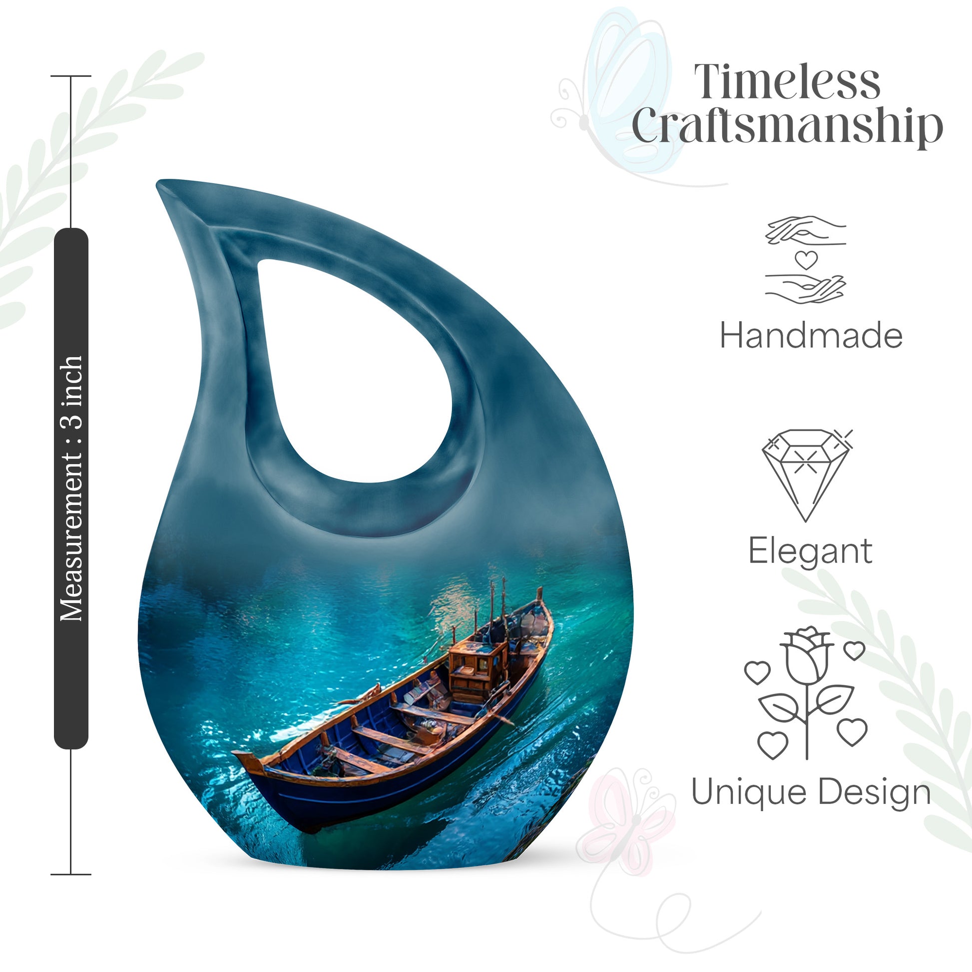 Powder Blue Boat Cremation Urn back view with polished surface - sacred cross merged with boat motif on metal - mini keepsake memorial for portion of cremation ashes