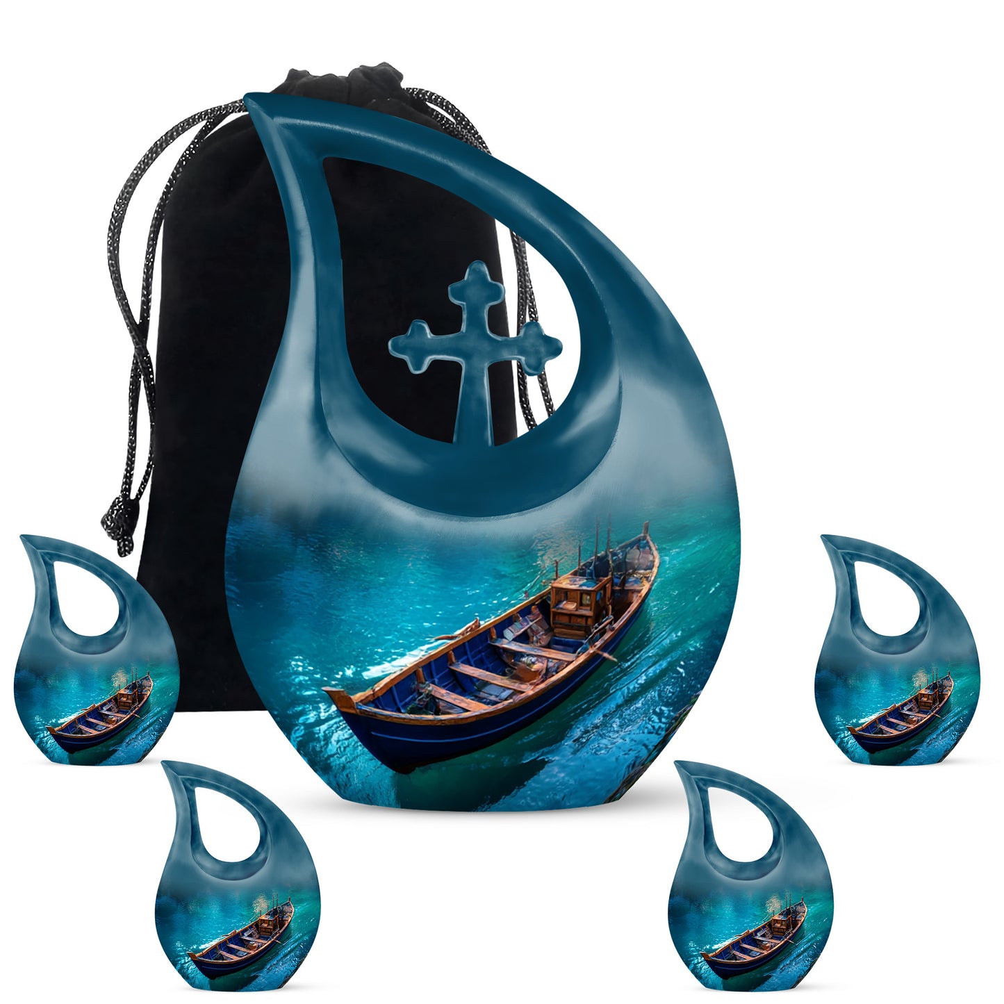 Calming Blue Boat Cremation Urn urn with complimentary velvet bag - faith-inspired cross-drop urn with boat pattern - memorial set with one large and four small urns