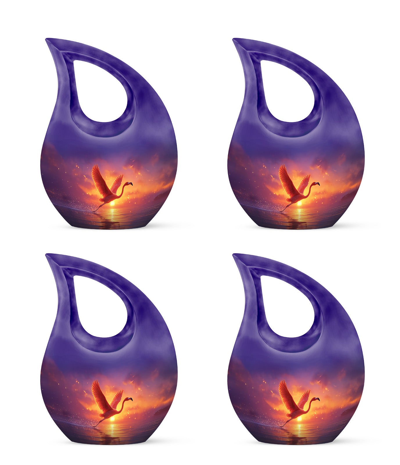 Deep Purple Flamingo Cremation Urn lifestyle display on memorial shelf - sacred cross merged with flamingo motif on metal - 10 inch aluminum urn for cremated remains