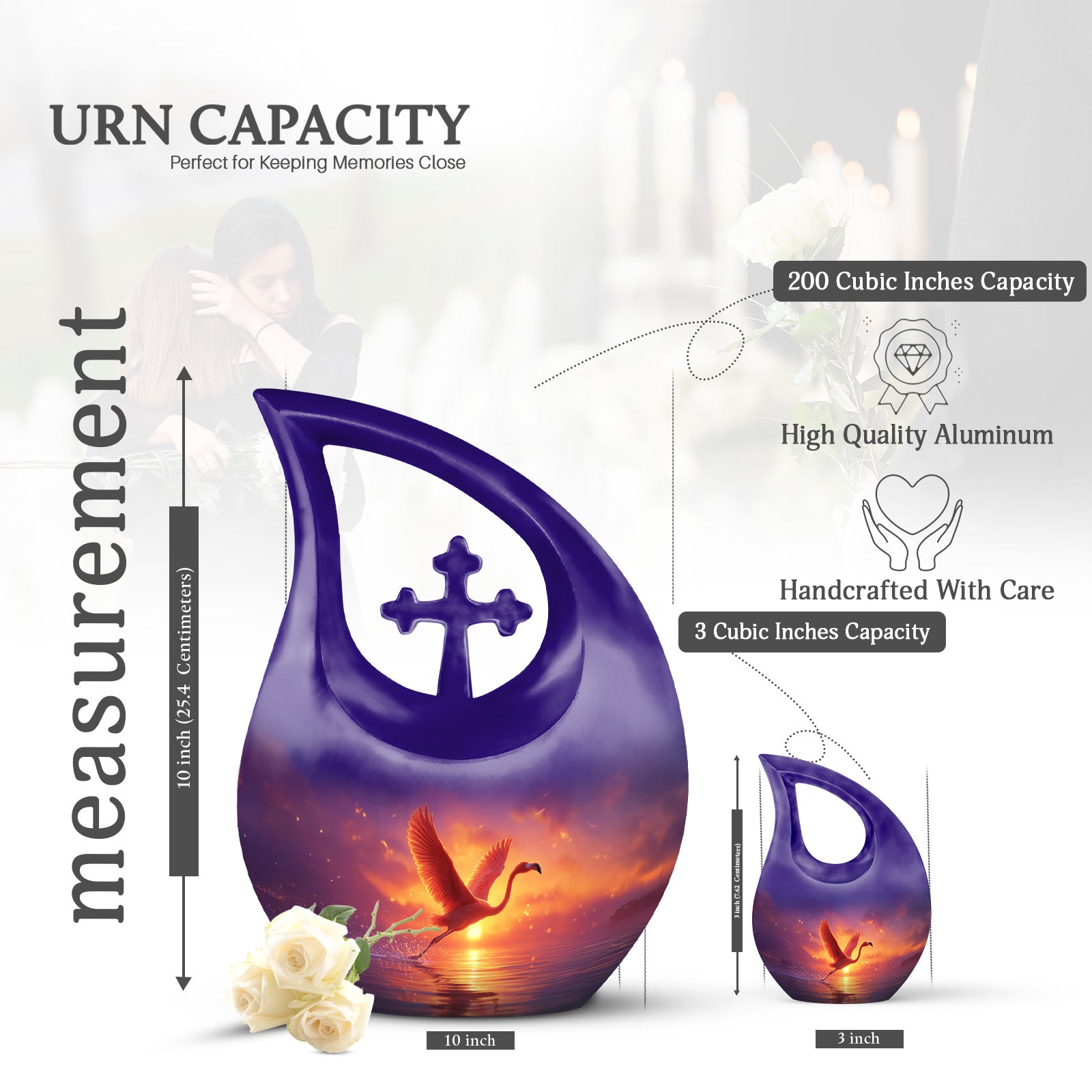 Violet Purple Flamingo Cremation Urn back view with polished surface - faith-inspired cross-drop urn with flamingo pattern - mini keepsake memorial for portion of cremation ashes