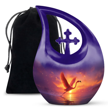 Royal Purple Flamingo Cremation Urn top-down view of secure threaded lid - faith-inspired cross-drop urn with flamingo pattern - full-size 10 inch 200 cubic inch adult cremation urn