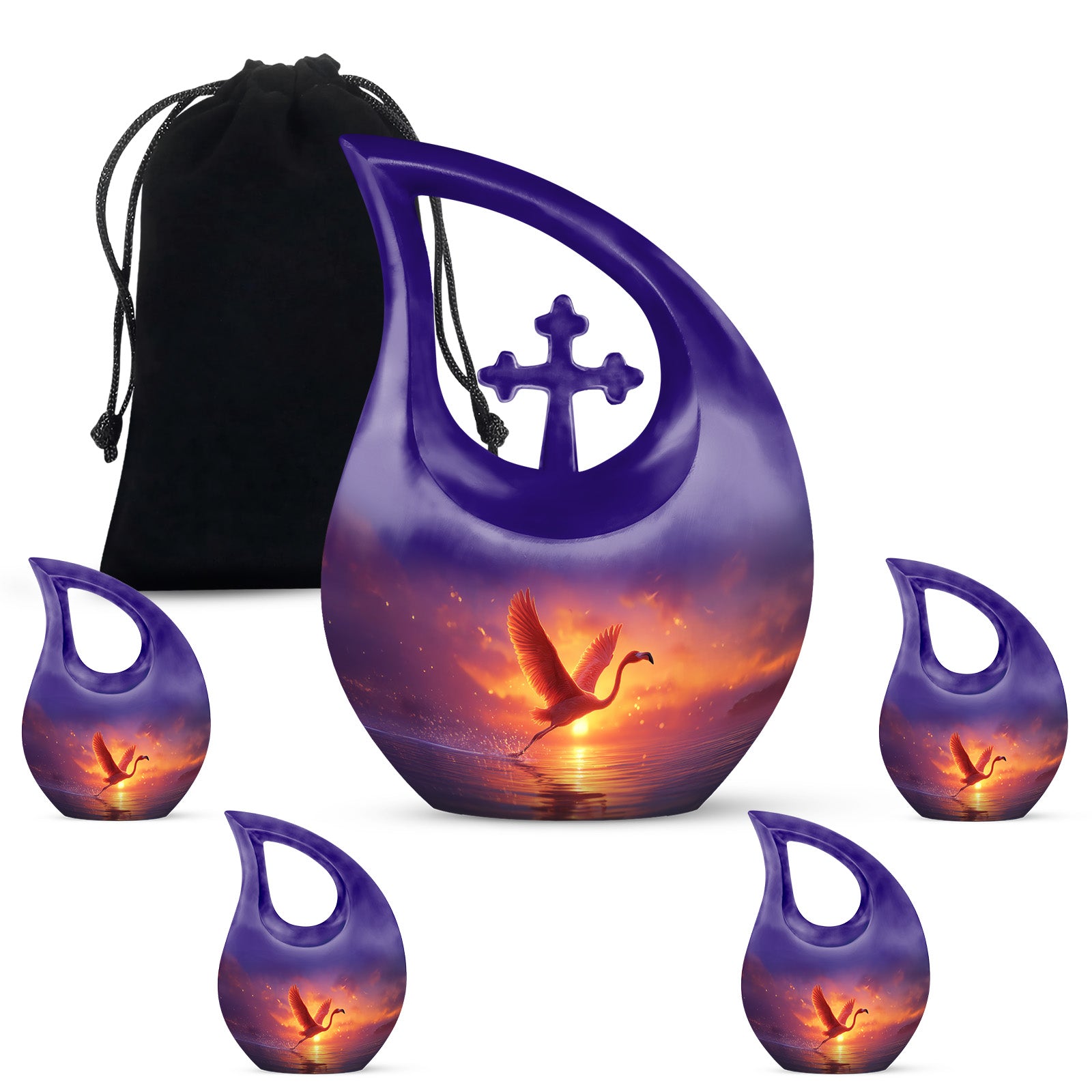 Plum Purple Flamingo Cremation Urn urn with complimentary velvet bag - sacred cross merged with flamingo motif on metal - memorial set with one large and four small urns