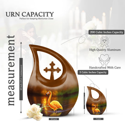 Matte Gold Flamingo Cremation Urn back view with polished surface - devotional cross-drop flamingo engraving - mini keepsake memorial for portion of cremation ashes