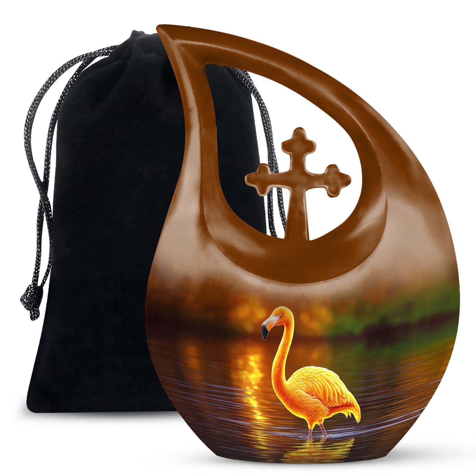 Harvest Gold Flamingo Cremation Urn top-down view of secure threaded lid - faith-inspired cross-drop urn with flamingo pattern - full-size 10 inch 200 cubic inch adult cremation urn