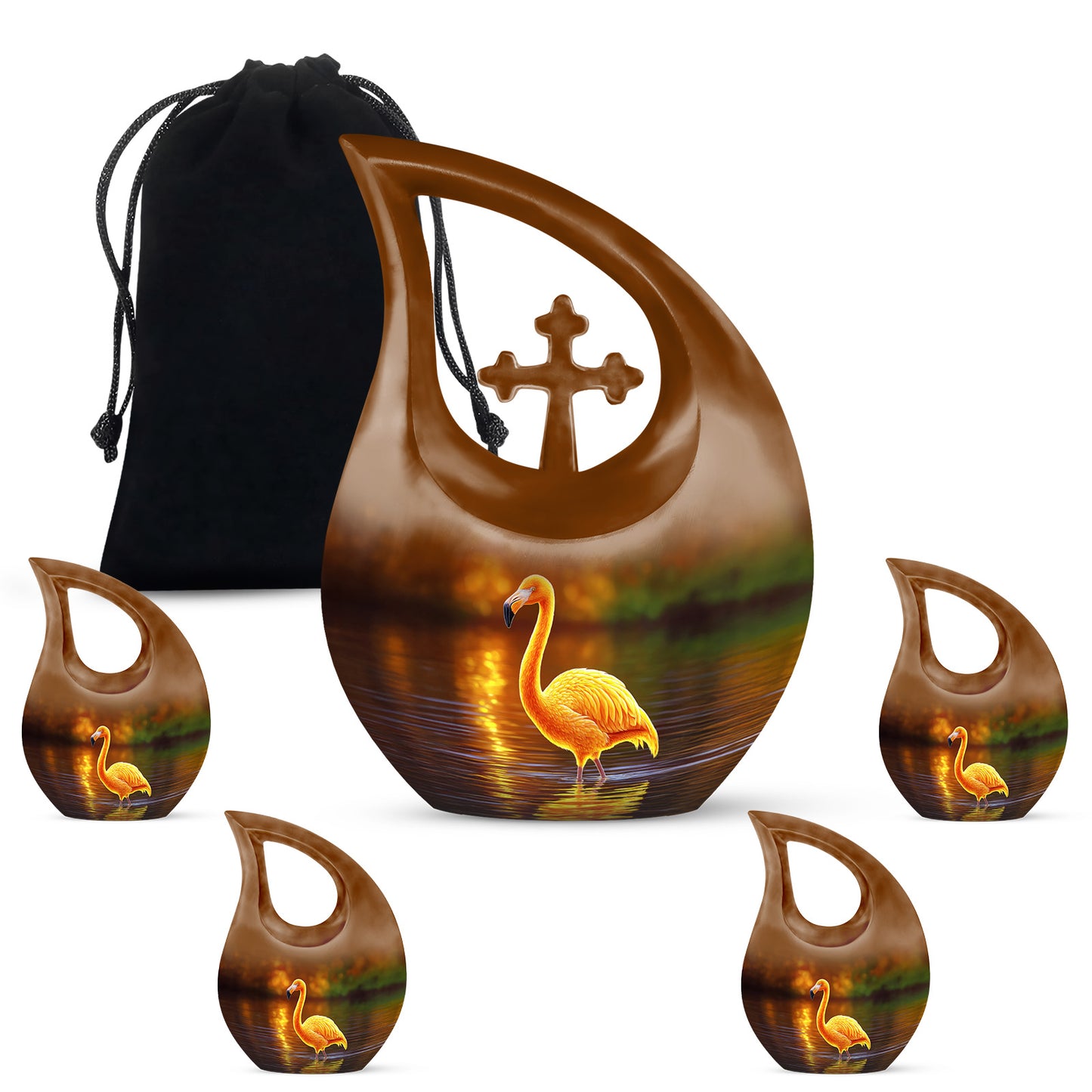 Matte Gold Flamingo Cremation Urn urn with complimentary velvet bag - devotional cross-drop flamingo engraving - memorial set with one large and four small urns