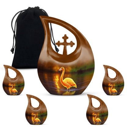Matte Gold Flamingo Cremation Urn urn with complimentary velvet bag - devotional cross-drop flamingo engraving - memorial set with one large and four small urns