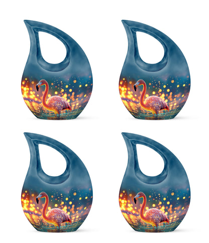 Sea Green Teal Flamingo Cremation Urn lifestyle display on memorial shelf - sacred cross merged with flamingo motif on metal - 10 inch aluminum urn for cremated remains