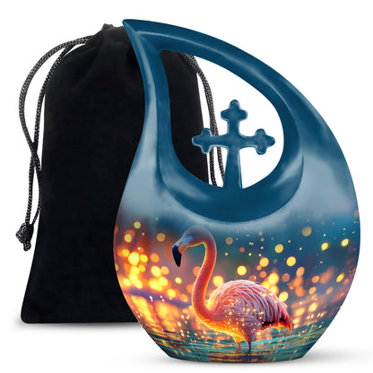 Aqua Teal Flamingo Cremation Urn top-down view of secure threaded lid - faith-inspired cross-drop urn with flamingo pattern - full-size 10 inch 200 cubic inch adult cremation urn