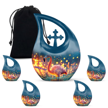 Vivid Teal Flamingo Cremation Urn urn with complimentary velvet bag - devotional cross-drop flamingo engraving - memorial set with one large and four small urns