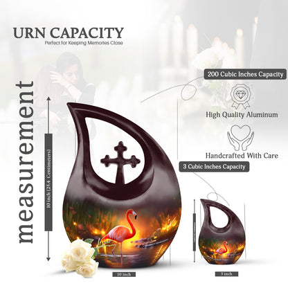 Navy Blue Flamingo Cremation Urn back view with polished surface - cross and flamingo combined in spiritual memorial design - mini keepsake memorial for portion of cremation ashes