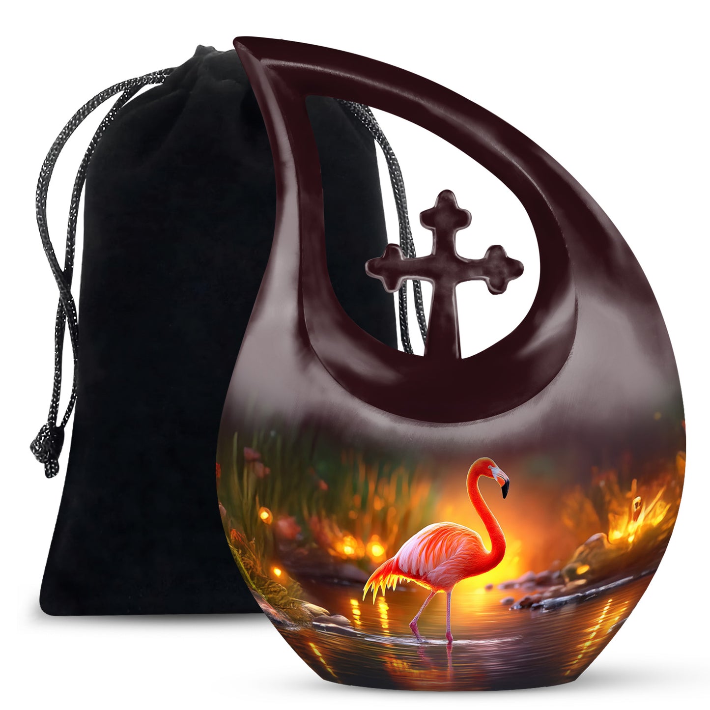 Icy Blue Flamingo Cremation Urn top-down view of secure threaded lid - sacred cross merged with flamingo motif on metal - full-size 10 inch 200 cubic inch adult cremation urn