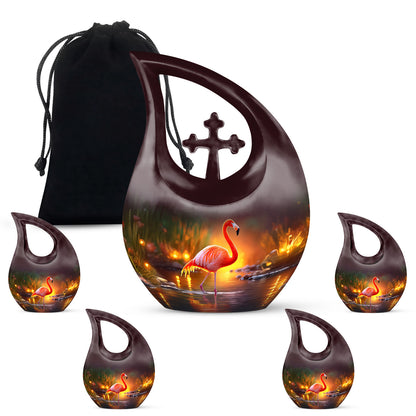 Sky Blue Flamingo Cremation Urn urn with complimentary velvet bag - cross and flamingo combined in spiritual memorial design - memorial set with one large and four small urns