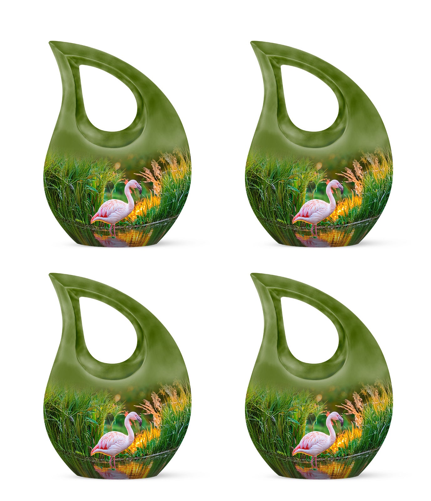 Antique Gold Flamingo Cremation Urn lifestyle display on memorial shelf - cross and flamingo combined in spiritual memorial design - 10 inch aluminum urn for cremated remains