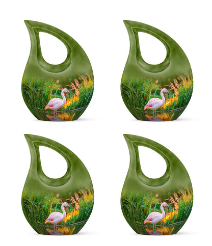 Antique Gold Flamingo Cremation Urn lifestyle display on memorial shelf - cross and flamingo combined in spiritual memorial design - 10 inch aluminum urn for cremated remains