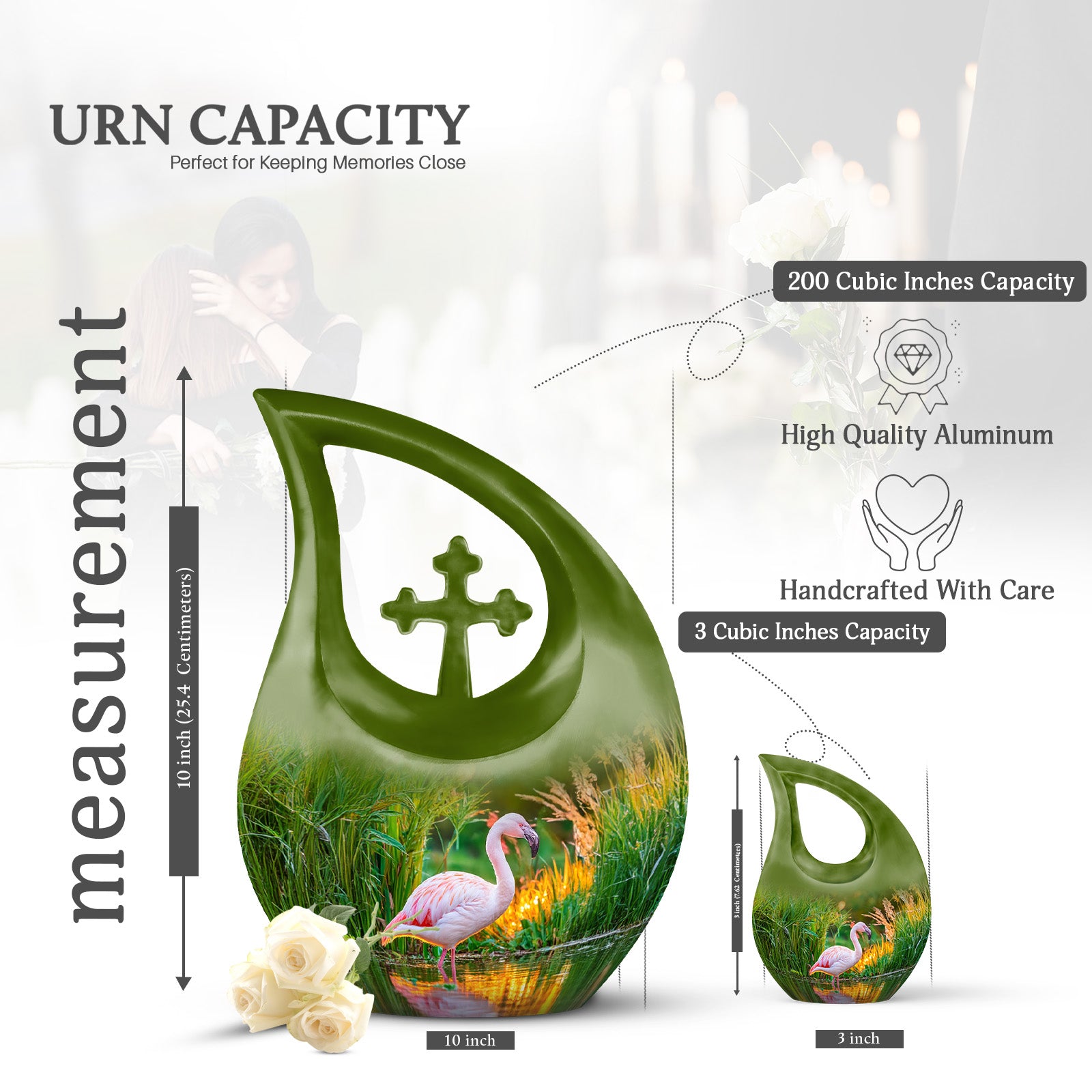 Royal Gold Flamingo Cremation Urn back view with polished surface - faith-inspired cross-drop urn with flamingo pattern - mini keepsake memorial for portion of cremation ashes