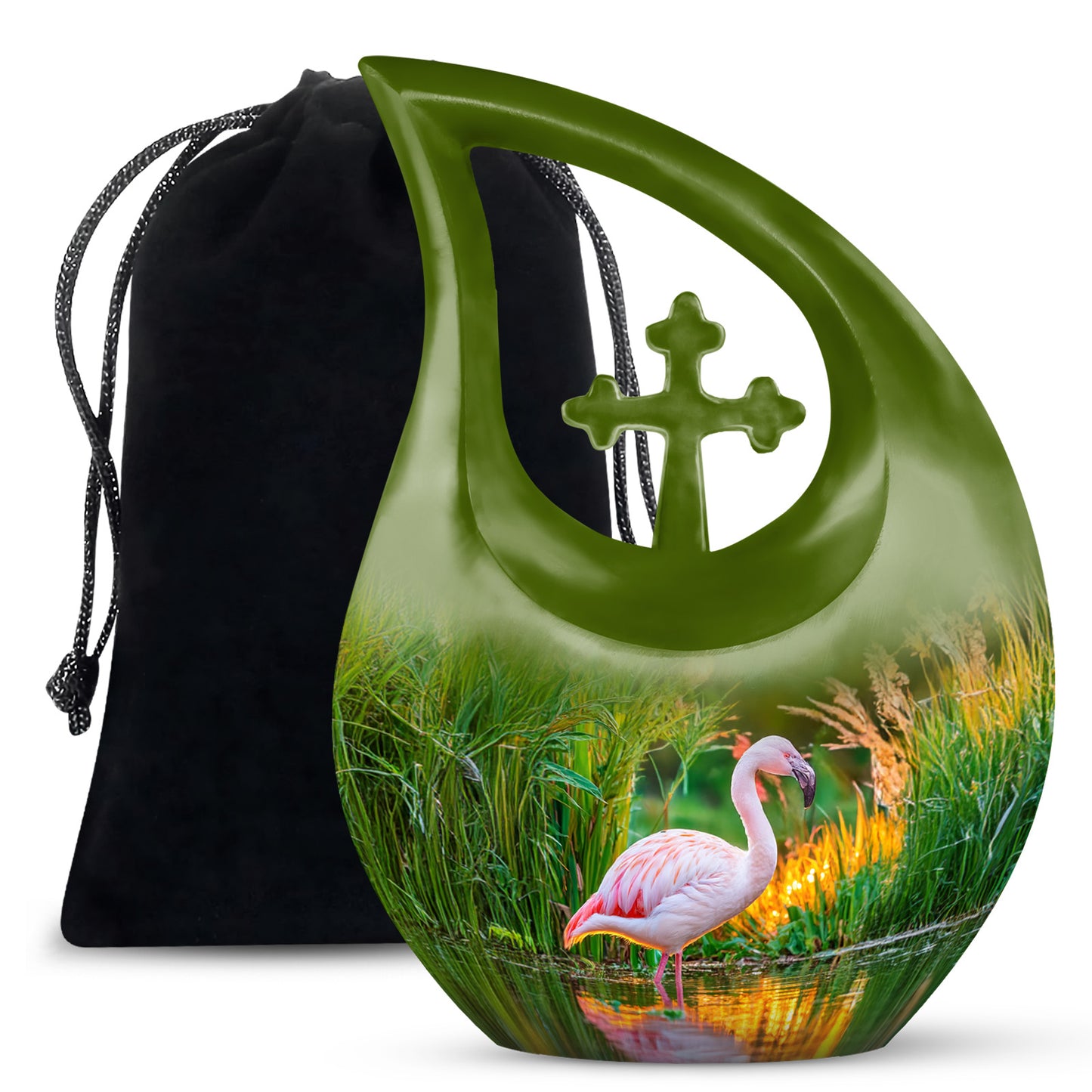 Sunrise Gold Flamingo Cremation Urn top-down view of secure threaded lid - sacred cross merged with flamingo motif on metal - full-size 10 inch 200 cubic inch adult cremation urn