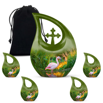 Warm Gold Flamingo Cremation Urn urn with complimentary velvet bag - devotional cross-drop flamingo engraving - memorial set with one large and four small urns
