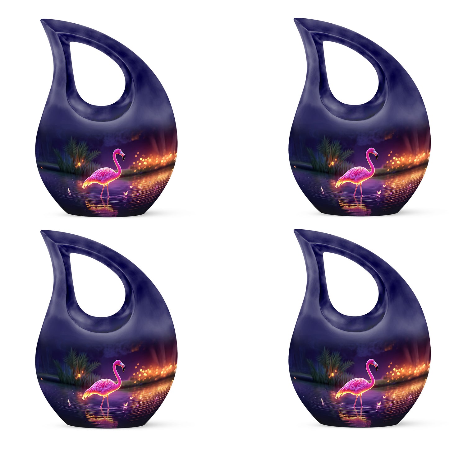 Royal Purple Flamingo Cremation Urn lifestyle display on memorial shelf - devotional cross-drop flamingo engraving - 10 inch aluminum urn for cremated remains