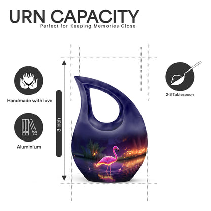 Majestic Purple Flamingo Cremation Urn back view with polished surface - cross and flamingo combined in spiritual memorial design - mini keepsake memorial for portion of cremation ashes