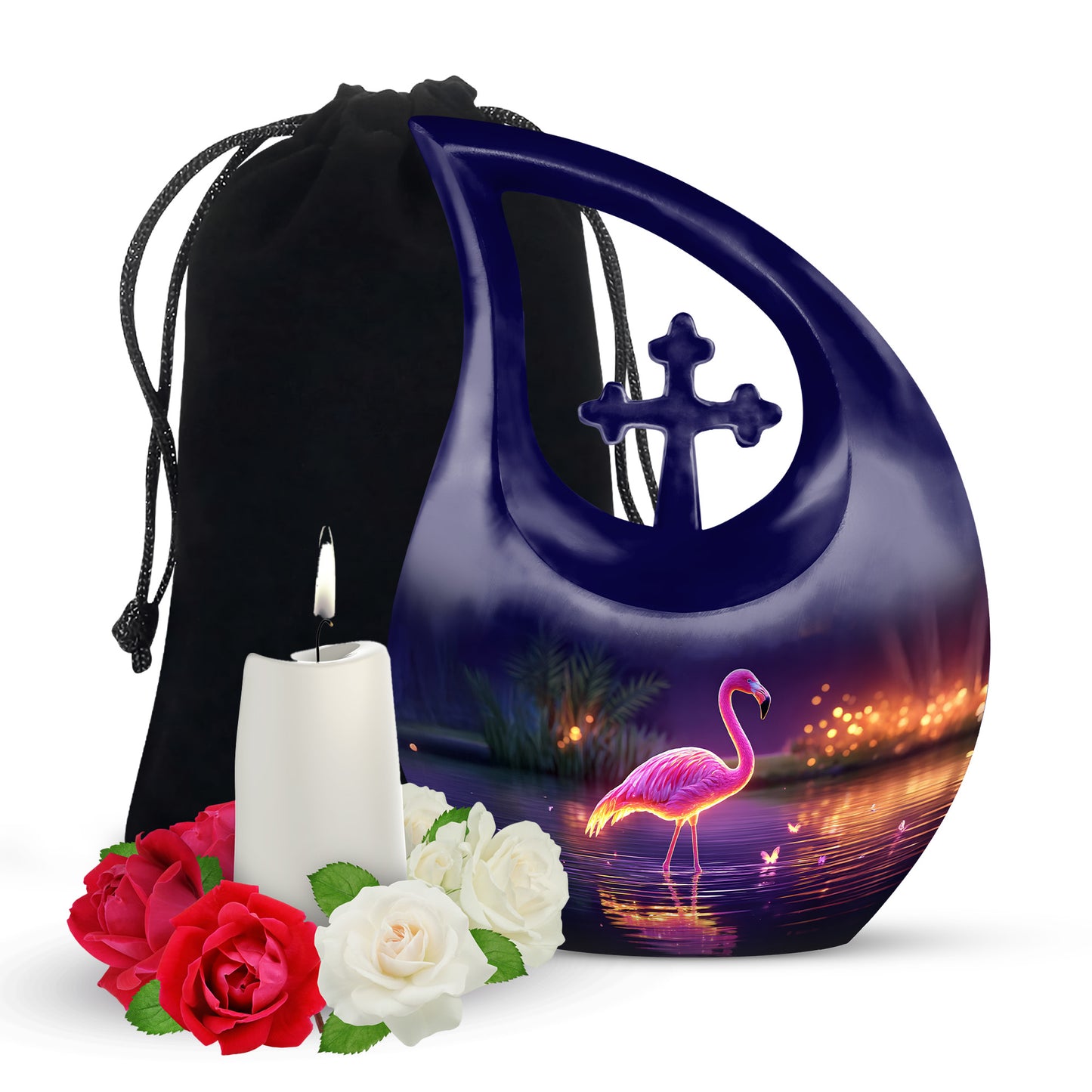 Amethyst Purple Flamingo Cremation Urn top-down view of secure threaded lid - sacred cross merged with flamingo motif on metal - full-size 10 inch 200 cubic inch adult cremation urn