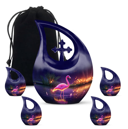 Orchid Purple Flamingo Cremation Urn urn with complimentary velvet bag - cross and flamingo combined in spiritual memorial design - memorial set with one large and four small urns