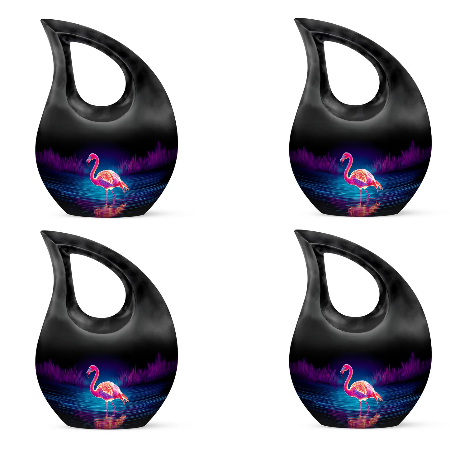Obsidian Black Flamingo Cremation Urn lifestyle display on memorial shelf - faith-inspired cross-drop urn with flamingo pattern - 10 inch aluminum urn for cremated remains