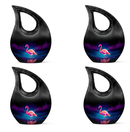Obsidian Black Flamingo Cremation Urn lifestyle display on memorial shelf - faith-inspired cross-drop urn with flamingo pattern - 10 inch aluminum urn for cremated remains