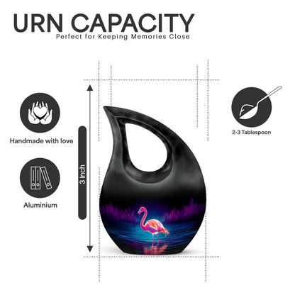 Rich Black Flamingo Cremation Urn back view with polished surface - sacred cross merged with flamingo motif on metal - mini keepsake memorial for portion of cremation ashes