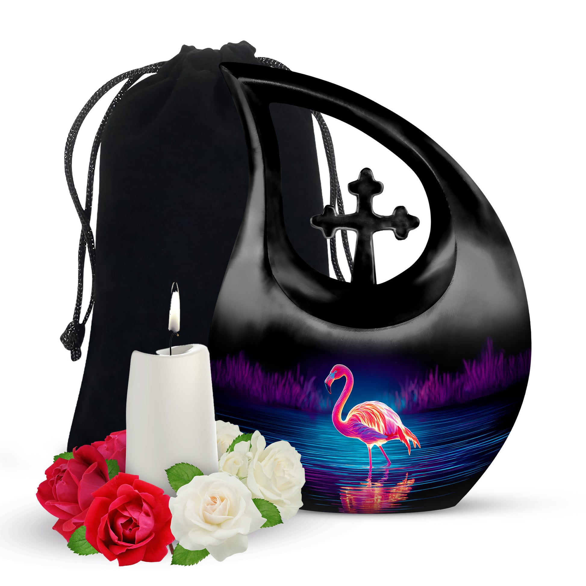 Charcoal Black Flamingo Cremation Urn top-down view of secure threaded lid - faith-inspired cross-drop urn with flamingo pattern - full-size 10 inch 200 cubic inch adult cremation urn