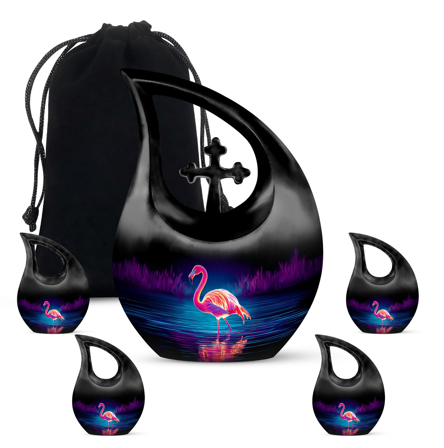 Onyx Black Flamingo Cremation Urn urn with complimentary velvet bag - faith-inspired cross-drop urn with flamingo pattern - memorial set with one large and four small urns