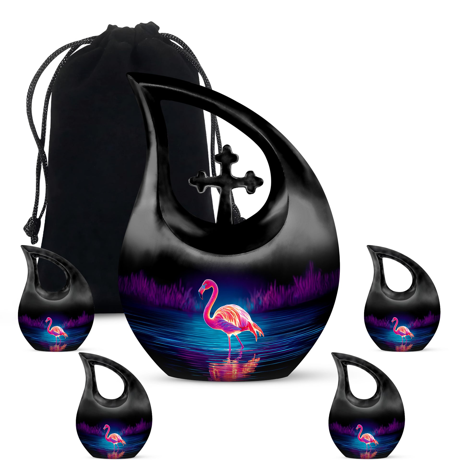 Onyx Black Flamingo Cremation Urn urn with complimentary velvet bag - faith-inspired cross-drop urn with flamingo pattern - memorial set with one large and four small urns
