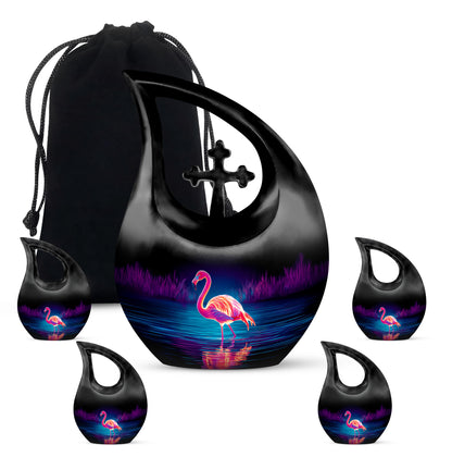 Onyx Black Flamingo Cremation Urn urn with complimentary velvet bag - faith-inspired cross-drop urn with flamingo pattern - memorial set with one large and four small urns