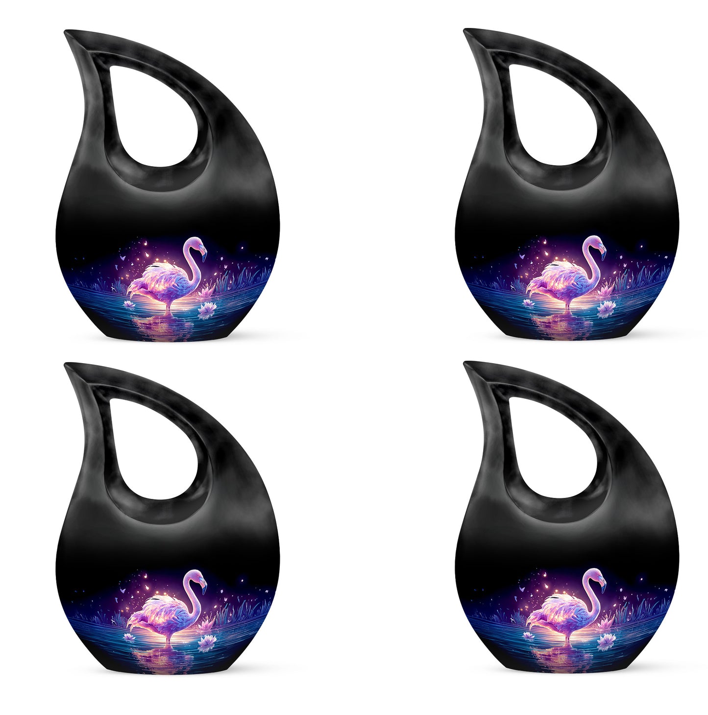 Deep Black Flamingo Cremation Urn lifestyle display on memorial shelf - sacred cross merged with flamingo motif on metal - 10 inch aluminum urn for cremated remains