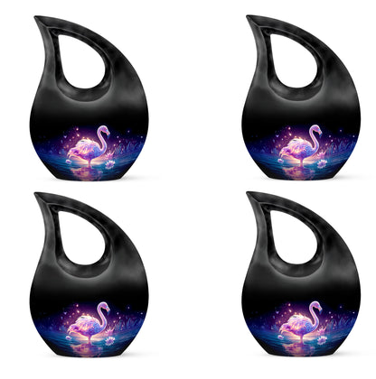 Deep Black Flamingo Cremation Urn lifestyle display on memorial shelf - sacred cross merged with flamingo motif on metal - 10 inch aluminum urn for cremated remains