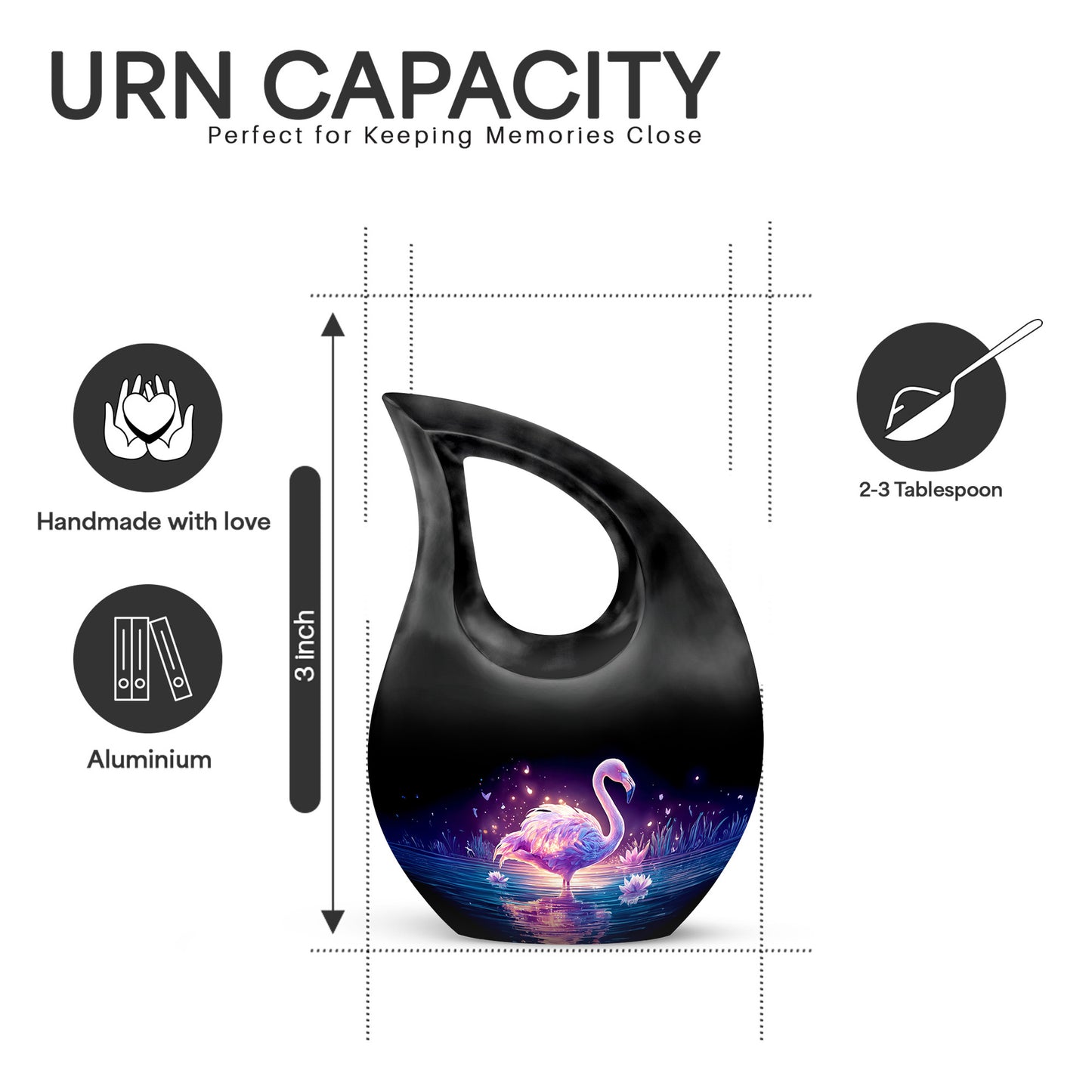 Deep Black Flamingo Cremation Urn back view with polished surface - cross and flamingo combined in spiritual memorial design - mini keepsake memorial for portion of cremation ashes