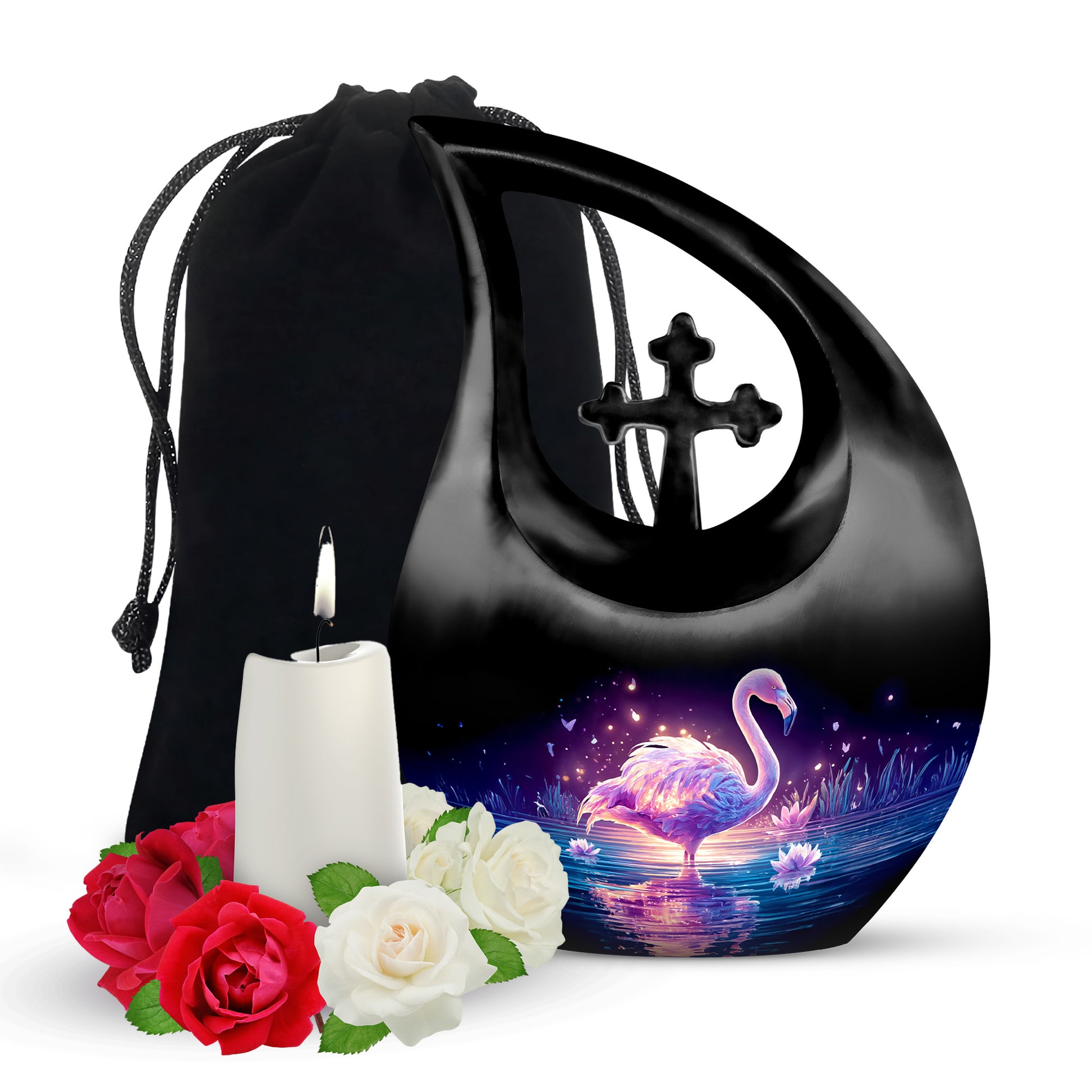 Obsidian Black Flamingo Cremation Urn top-down view of secure threaded lid - faith-inspired cross-drop urn with flamingo pattern - full-size 10 inch 200 cubic inch adult cremation urn